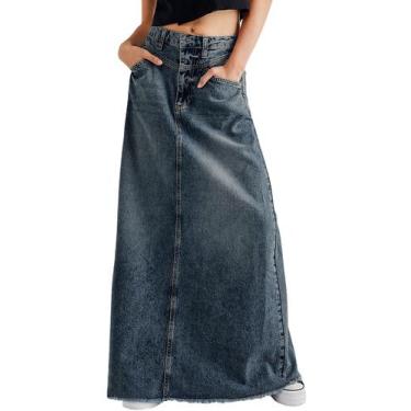 Imagem de Saia jeans maxi chouyatou vintage em linha A, cintura alta desgastada
