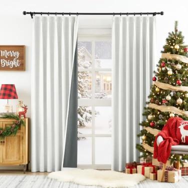 Imagem de Cortinas blecaute plissadas brancas névoa para sala de estar, cortinas plissadas de linho texturizado com ganchos e anéis para quarto 101,6 cm L x 84 C, 2 painéis, cortinas naturais e pesadas com