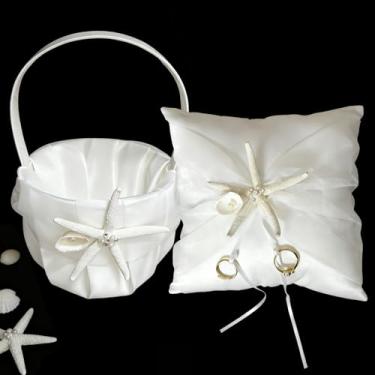 Imagem de COSLANLEE Conjunto de travesseiro com cestas de florista e porta-anéis, cestas Fariy com strass de pérola, renda de cetim para meninas de flores, almofada de anel para decoração de festa de cerimônia