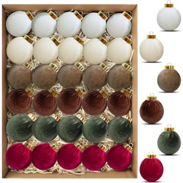 Imagem de Enfeites de árvore de Natal bolas de veludo – Pacote com 30 peças de lâmpadas penduradas de árvore de Natal inquebráveis conjunto de decoração de interiores para casa - creme multicolorido, bege