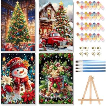 Imagem de Pintura de Natal por números para adultos com tela emoldurada - com cavalete de madeira, pacote com 4 tintas por número para iniciantes, pintura a óleo acrílica de Natal em tela com pincéis para