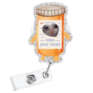 Imagem de Carretel de crachá Silly Cat, suporte retrátil de meme de gato, clipe de crachá Take Your Meds para enfermeira farmácia estudante de enfermagem RN trabalhador médico