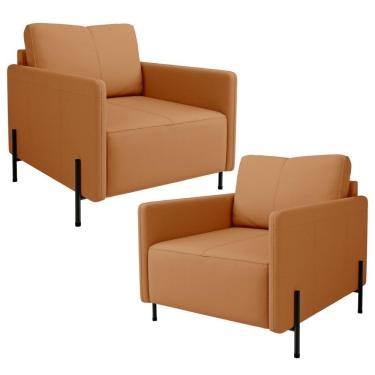 Imagem de Kit 2 Poltronas Decorativa Para Sala Living Pés Industrial Domani L06 Couro Caramelo - Lyam Decor