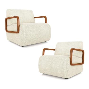 Imagem de Kit 2 Poltronas Decorativa Sala De Estar Odessa Braços Em Madeira Bouclê Off White G33