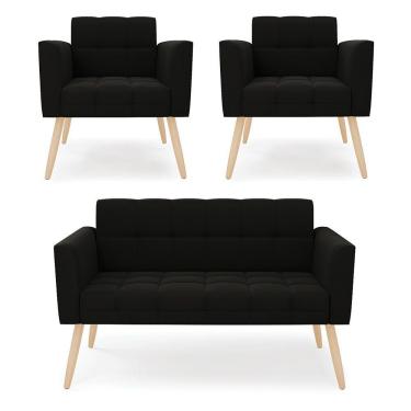 Imagem de Kit 1 Sofá Namoradeira E 2 Poltronas Elisa Suede Pés Palito Natural - D'rossi Cor Preto