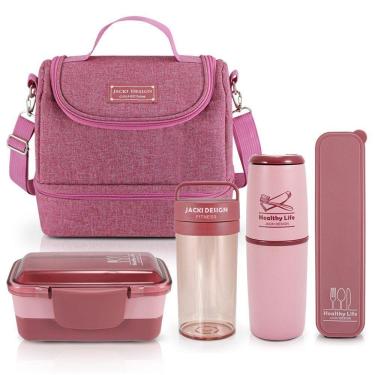 Imagem de Bolsa Térmica Com 2 Compartimentos Pote Marmita e Garrafa Porta Talher e Porta Escova Rosa