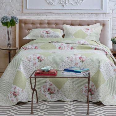 Imagem de Kit Cobre Leito Colcha Daily Queen 3 Peças Dupla Face Estampado Floral Patchwork Verde 8 100% Poliéster