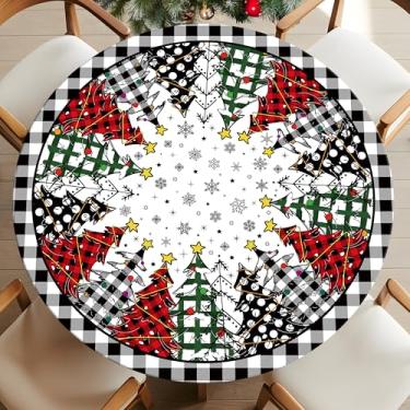 Imagem de Toalha de mesa redonda xadrez de Natal com elástico à prova d'água para decoração de mesa de Natal para festas de pátio, serve para mesa redonda de 122 a 132 cm (cinza, 132 cm (redonda))