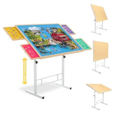 Imagem de Mesa de quebra-cabeça de 1.500 peças com pernas de metal ajustáveis, mesas de quebra-cabeça de 88 x 66 cm para adultos com gavetas coloridas, quadro inclinável | Tampo de madeira e feltro azul,