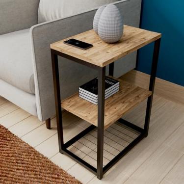 Imagem de Mesa lateral de 3 camadas para sala de estar com prateleira de armazenamento de madeira, mesa de canto rústica para sofá ou sofá, organizador de banheiro estreito, rack de malha inferior, mesa de