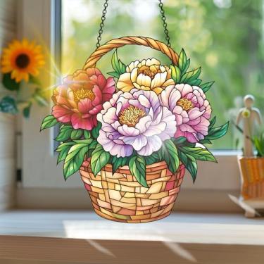Imagem de Acrílico colorido, apanhador de sol estilo vitral estampado com flores com reflexos de arco-íris, arte de parede para decoração de janela suspensa, ornamentos de Natal para uso interno e externo 19,8