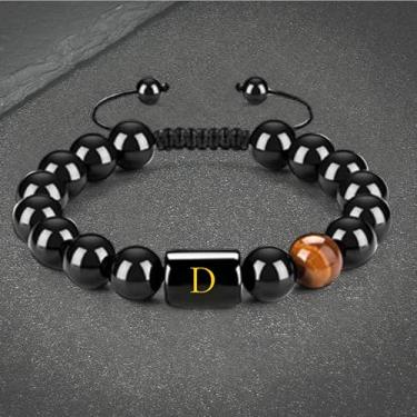 Imagem de Pulseiras masculinas com contas iniciais – Pulseira masculina feita à mão de 10 mm com pedra vulcânica e pedra vulcânica, pulseiras para alívio de estresse, Large, Aço inoxidável, Sem Pedra Preciosa