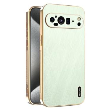 Imagem de Yarxiawin Capa de telefone para Google Pixel 9 à prova de choque, textura de fio dourado para Google Pixel 9 capa de silicone fina galvanizada preta capa de couro anti-impressão digital (verde)