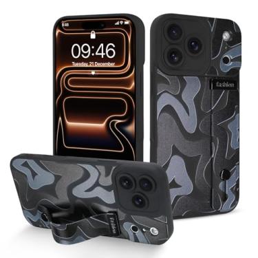 Imagem de Fiyart Capa projetada para iPhone 17 Pro Max com alça de pulso com suporte fofo moderno irregular listrado estrela para mulheres meninas Slim TPU à prova de choque bumper 17.5 cm - Preto