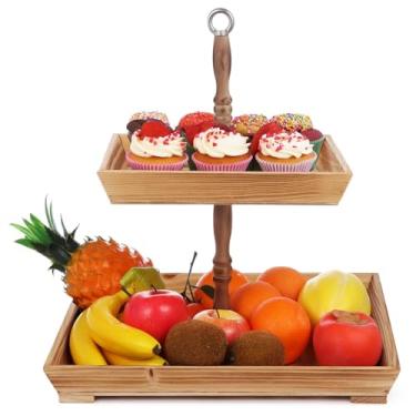Imagem de Bandeja de madeira de 2 camadas estilo fazenda com alça de metal, suporte quadrado em camadas para servir cupcakes, lanches e artesanato