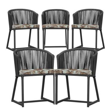 Imagem de 5 Cadeiras De Jantar Noronha Preta Corda Náutica E6 Trama Preto