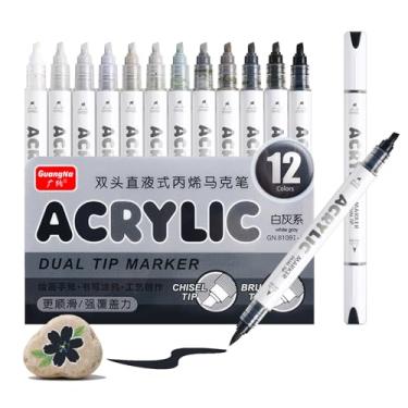 Imagem de Kander Marcadores de tinta acrílica de ponta dupla de 12 cores, cinza e preto — Conjunto de canetas de pincel extrafino e macio com fluxo de tinta direto para esboçar, detalhar, colorir em madeira