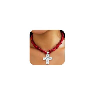 Imagem de DZSYJKTM Colar feminino com pingente de cruz martelada turquesa turquesa com pingente de cruz martelada, boêmio, irregular, vermelho, verde, miçangas, corrente, joia ocidental, presente, One Size