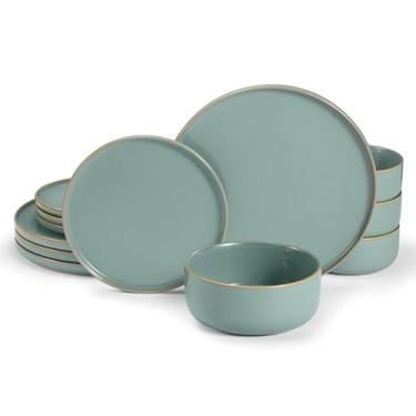 Imagem de Conjunto de utensílios de jantar, 12 peças, por vaso e vaso, pratos de cerâmica de 10,5 cm, pratos de salada de 21 cm e tigelas de sopa de 740 ml, grés, micro-ondas e lava-louças, conjunto de 12 peças