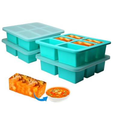Imagem de 1 xícara de bandejas de silicone para freezer com tampa, 4 moldes para congelador de cubos de gelo, bandeja de gelo de silicone, fácil de preparar refeições, molde de silicone para armazenamento de