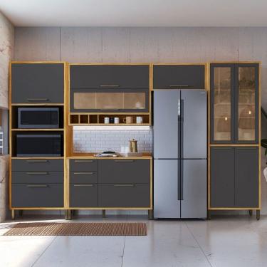 Imagem de Armário de Cozinha com Balcão e Tampo 11 Portas 5 Gavetas Pérola 100% Mdf Vidro Reflecta Amêndoa/Cinza - Pnr Móveis