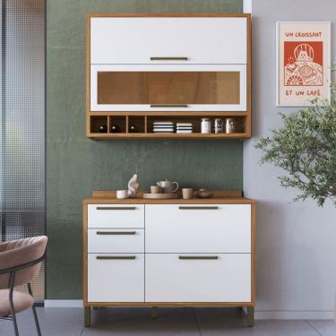 Imagem de Armário de Cozinha com Balcão e Tampo 4 Portas 3 Gavetas Pérola 100% Mdf Vidro Reflecta Amêndoa/Branco - Pnr Móveis