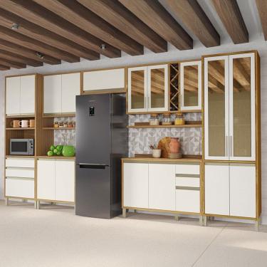 Imagem de Armário de Cozinha Modulada com Balcão e Tampo 17 Portas 5 Gavetas Pérola Premium 100% Mdf Vidro Reflecta Amêndoa/Off White - Pnr Móveis