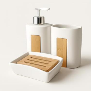 Imagem de JOGO PARA BANHEIRO CERÂMICA E BAMBU 3 PEÇAS SABONETEIRA ESCOVAS DISPENSER LAVABO para Lavabo, Banheiro Social e Suíte