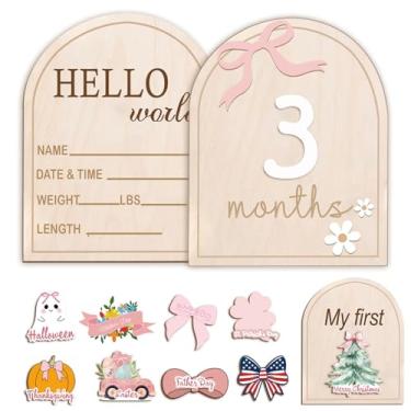 Imagem de Sinais mensais de madeira para bebês, discos de marcos de bebê com tema de arco duplo com desenhos Hello World & My First Holiday – Placa de anúncio de bebê fofa e adereços de sessão de fotos para