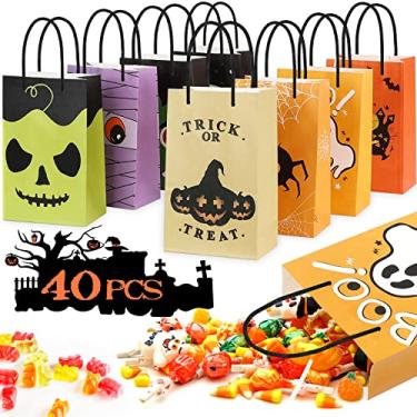 Imagem de Sacolas de lembrancinha de festa de Halloween – 40 peças de sacos infantis para doces de Halloween para doces ou travessuras, sacolas de Halloween com alças, sacolas de presente de papel para petiscos, sacolas de presente de Halloween para festa
