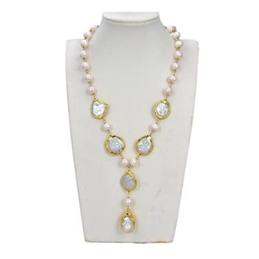 Imagem de URMIBDAI Colares femininos joias cultivadas moeda branca pérola batata pérola colar gota em Y pingente de pérola Keshi 50,8 cm