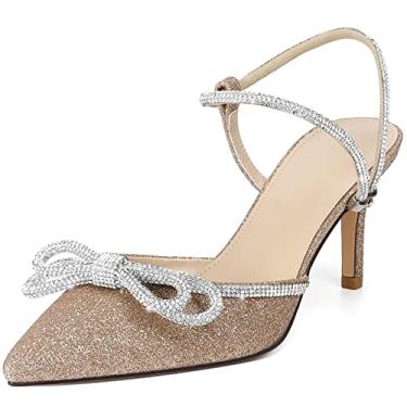 Imagem de Susanny Sapato feminino fechado Rhinstone casamento salto baixo slingback transparente gatinho, tira ajustável, bico fino, salto alto, vestido de formatura, Laço dourado brilhante, 36