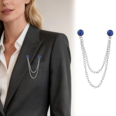 Imagem de Retrô banhado a ouro prata corrente cristal broches redondos colar pinos strass com corrente pendurada terno camisa lapela broche broche jóias moda para homens mulheres, Medium, Cristal, Cristal