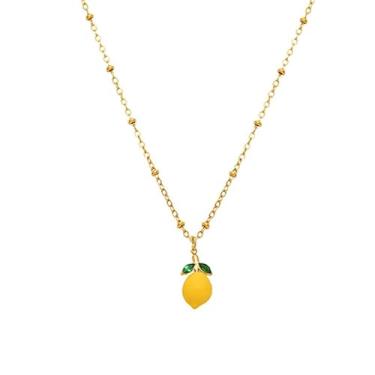 Imagem de WCRAZYE Colar de limão para mulheres, leve, ouro 18K, zircônia cúbica, amarelo, 3D, folha e limão, joia de frutas de verão, Medium, Liga de aço, Zircônia cúbica