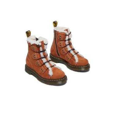 Imagem de Dr. Martens Botas femininas 1460 de renda até os dedos forradas com pele, Bronzeado, 38