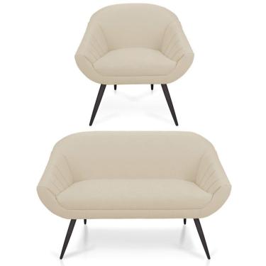 Imagem de Kit 01 Namoradeira 02 Lugares E 01 Poltrona Giovana Linho Grosso Bege A19 Pés Palito De Ferro