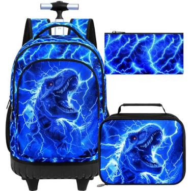 Imagem de UFNDC 3 unidades de mochila com rodinhas para meninos, mochilas com rodas de dinossauro relâmpago, resistente à água, mochila de viagem com rodas