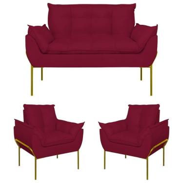 Imagem de Kit 02 Poltronas + Namoradeira Reforçada Opala Metal Dourado Marsala