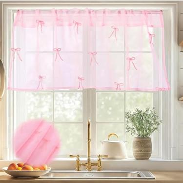 Imagem de Tegeme 1 painel de sanefa rosa transparente para janelas 132 x 45,7 cm laço bordado cortina decorativa para janela pequena cozinha banheiro sala de estar bolso varão cortina de voile decoração coquete