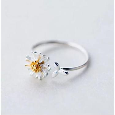 Imagem de Anel Prateado Delicado Flor Branca Amarela Ajustável - DCXAM