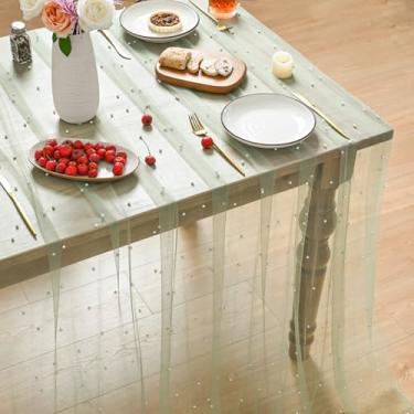 Imagem de Horaldaily Toalha de mesa de gaze verde de grama branca pérola 152 × 213 cm, retangular, primavera, verão, tule, renda, gaze, toalha de mesa de chá de noiva para decoração de mesa de aniversário de