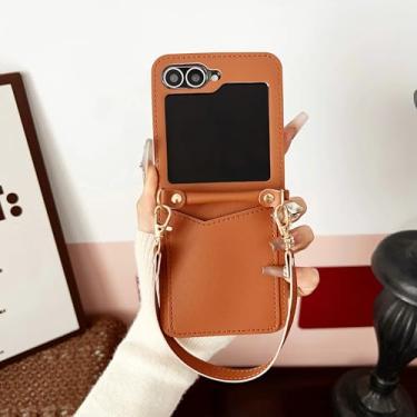 Imagem de Capa de luxo para celular Samsung Galaxy Z Flip 3 4 5 6 5g Flip6 com compartimentos para cartões e alça de mão (para Samsung Z Flip 4/Marrom)