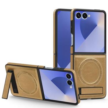 Imagem de Capa de couro com carregamento sem fio para Samsung Galaxy Z Flip 7 6 5 4 3 5g Zflip5 Zflip6 com suporte magnético (para Galaxy Z Flip5/Dourado Deserto)