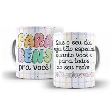 Imagem de Caneca Decorativa Parabéns Amiga, Porcelana, Design Listrado Pastel, Tema Aniversário com Bolo e Ilustração Fofa, 325ml (17909)