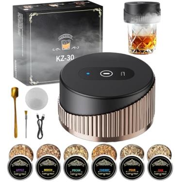 Imagem de Kit de defumador de uísque elétrico com 6 sabores de lascas de madeira, isqueiro embutido inflama, sem necessidade de butano, kit de defumador de coquetel recarregável, presentes de aniversário de