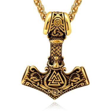 Imagem de Hoyazvet Colar masculino com martelo de Thor Viking, ouro 18K, preto/aço inoxidável, pingente de amuleto Mjolnir, bússola pagã nórdica, joia viking nórdica, com caixa de presente, 4.45cm x 3.39cm