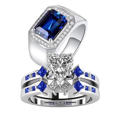 Imagem de Ringcrown Anéis de casal corte princesa azul CZ conjuntos de alianças de casamento femininas aço titânio homem alianças de casamento (compre 2 anéis para 1 par), men size 13, Metal Cristal Metal