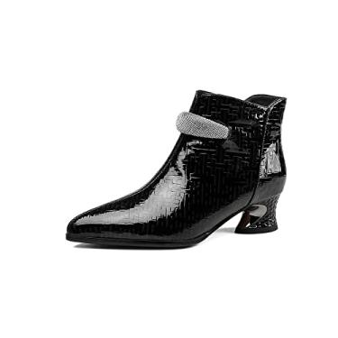 Imagem de TinaCus Bota feminina de couro envernizado brilhante, feita à mão, com zíper, salto baixo grosso, casual, cano curto, Preto, 40