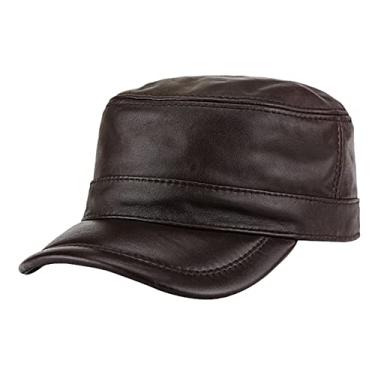 Imagem de Boné de beisebol masculino de couro vintage boné plano ajustável boné de caminhoneiro chapéu de sol viseira boné de golfe boné militar ao ar livre (marrom-GG