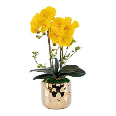 Imagem de LMJYU Presentes de flores artificiais orquídeas flores artificiais Phalaenopsis - flores falsas de orquídea em vaso de cerâmica dourada - jantar de festa de casamento